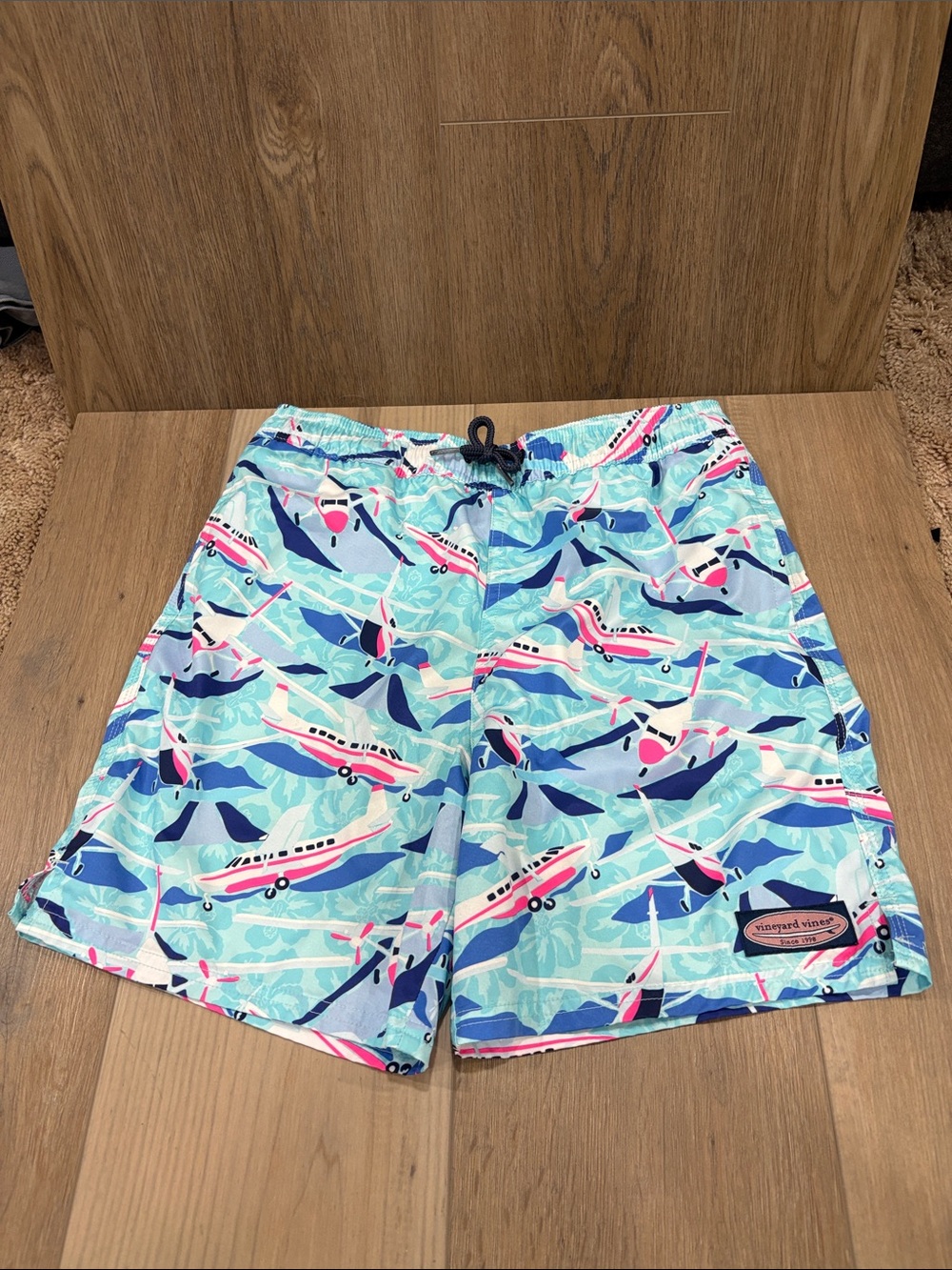 Vineyard Vines Chappy Aqua Airplane Print Swim Shorts Pink Accents Medium 12-14